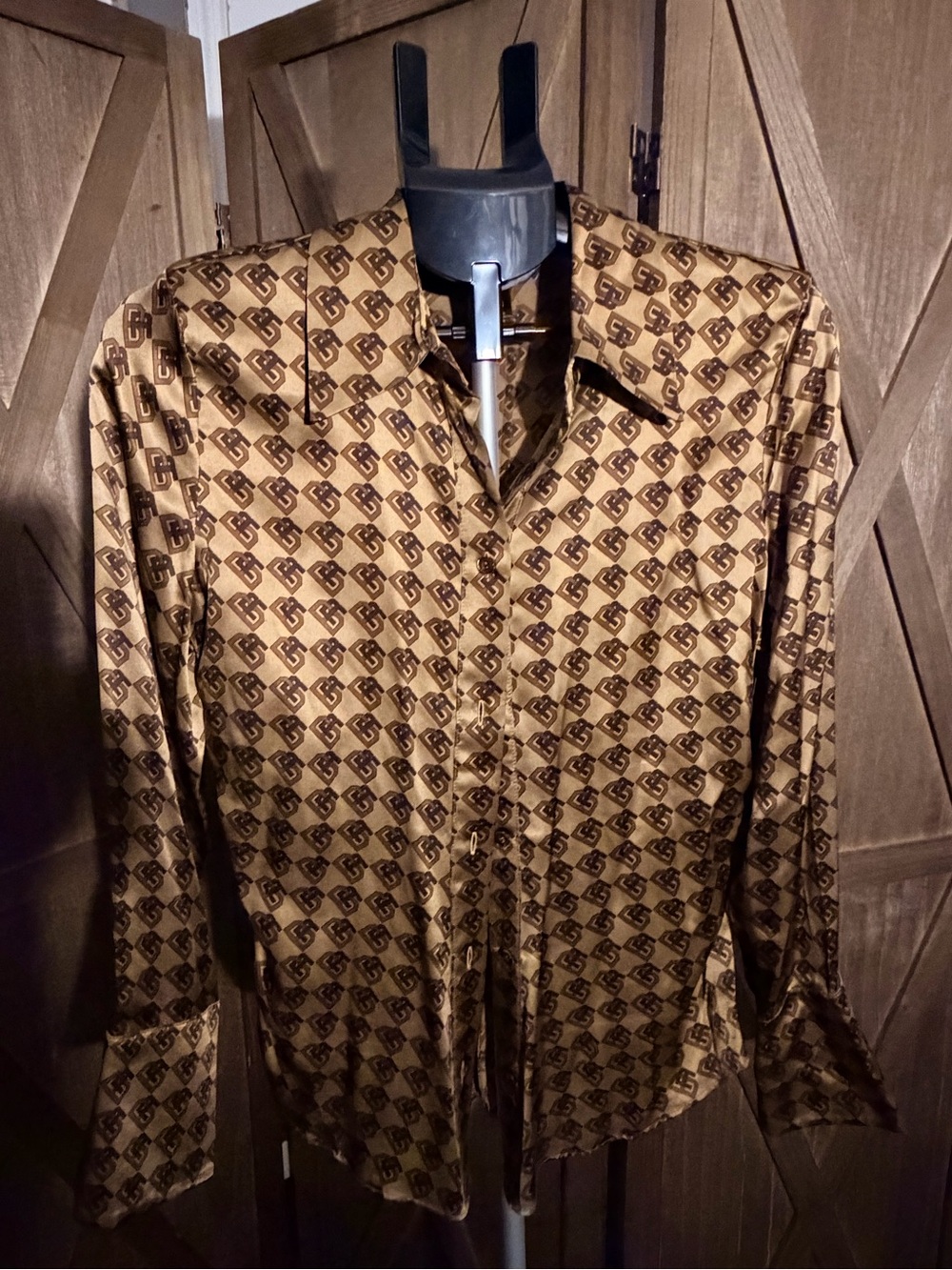 Banana Republic Brown and Gold Silk Geometric Monogram Blouse